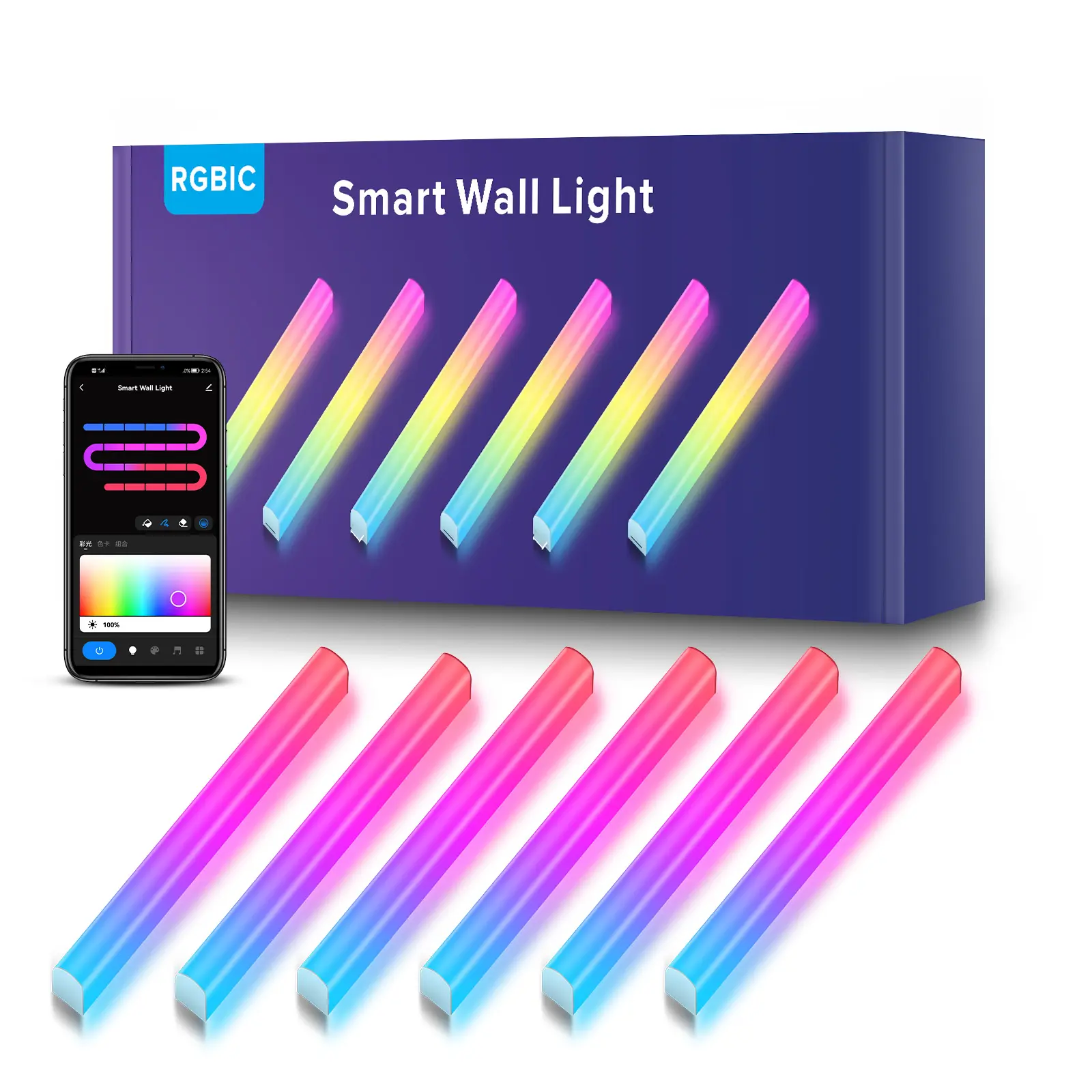 Nanxin 6pcs Smart RGBIC Multicolor Segmented Control Music Sync Home Decor LED Light Bars Glide Lively Wall Lights for Streaming