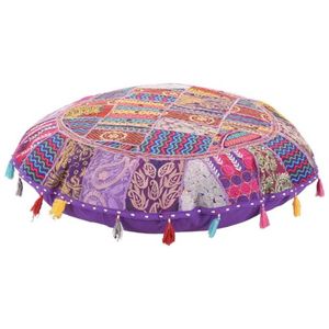 Coussin de sol ethnique de style indien, coussin de sol traditionnel indien Khambadiya en patchwork de coton avec pompons - Product Image 1