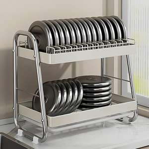 2層金属皿乾燥収納ラック排水板付き近代的な耐錆性キッチンキャビネットカウンタートップオーガナイザーダブルティア - Product Image 3