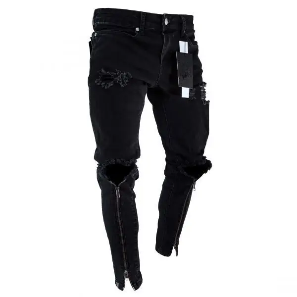 Pantaloni neri motociclette Streetwear Jeans strappati da uomo Skinny Biker con fori