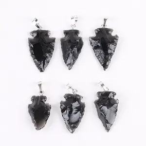 Black Obsidian Arrowhead Shape Handmade Carved Crystal Crescent Arrow Rough Raw Carving Arrowhead Pendant Necklace for Jewelry