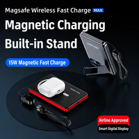 Batterie externe magnétique avec support et charge sans fil 15W, chargeur de voyage portable mince 5000mAh avec deux câbles USB-C intégrés