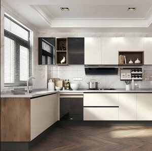 Ensemble d'armoires de cuisine sur mesure Balom Luxury, configuration en L, porte en PET blanc avec rangement ouvert en noyer et évier en acier inoxydable <span class=keywords><strong>noir</strong></span> - Product Image 3