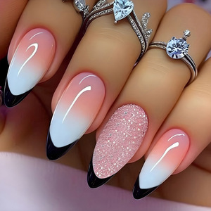24 Uds <span class=keywords><strong>uñas</strong></span> postizas <span class=keywords><strong>francesas</strong></span> <span class=keywords><strong>negras</strong></span> acabado almendra brillo <span class=keywords><strong>diseño</strong></span> cubierta completa gradiente Rosa <span class=keywords><strong>uñas</strong></span> postizas Prensa en <span class=keywords><strong>uñas</strong></span> - Product Image 1