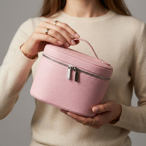 Pink Litchi Pattern PU Leather Makeup Bag Cylindrical Travel Toiletry Case <b>Large</b> Capacity Vanity Organizer Cosmetic <b>Box</b> Handle - Product Image 2