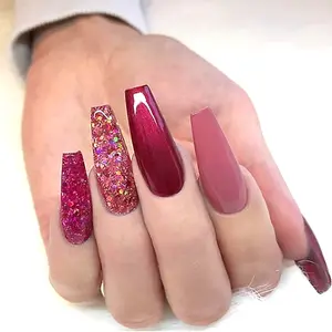 Private label custom press on nails high quality new fashion red paillette false nails coffin long curve artificial nails