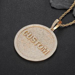 嘻哈朋克风格镀金黄铜全冰锆石饰品圆形定制字母名称魅力男士吊坠项链 - Product Image 1