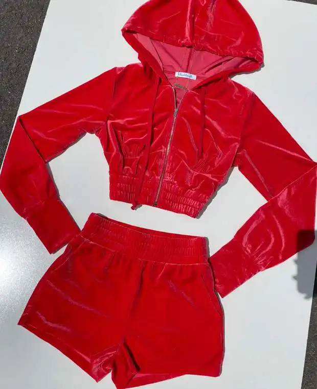 Custom Velvet Tracksuits Sweatsuit Shorts Sets Women Custom Velour Tracksuits Crop Hoodie 2 Two Piece Short Set