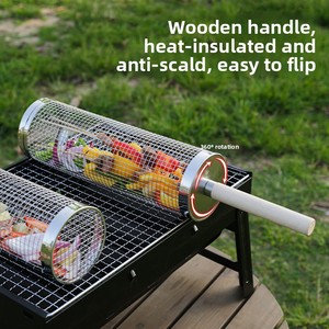 Cesta de barbacoa portátil con mango de madera, antirrobo, de acero inoxidable 304, para exteriores, con tubo y red para asar. - Product Image 4