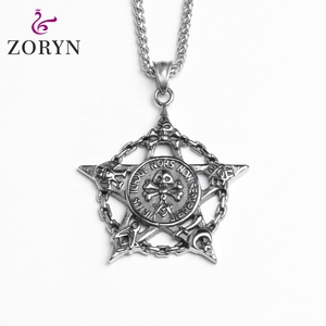 Pendentif maçonnique en acier inoxydable, pentagramme, crâne, gothique, punk, vintage, occulte, mystique, bijoux en acier titane pour hommes - Product Image 1