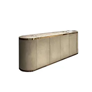 High Quality Luxury Leather Buffet Cabinet Marble Topped Sideboard