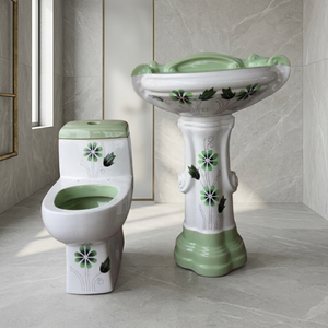Ensemble de salle de bain en céramique Vitrosa noir, comprenant une toilette monobloc et un lavabo sur pied, motif floral, articles sanitaires - Product Image 2