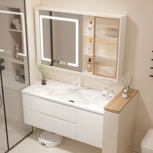 Gabinete de baño blanco de lujo con espejo inteligente, almacenamiento y lavabo blanco montado en la pared - Product Image 4