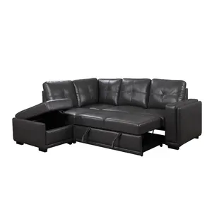 Sofá moderno de cuero con carga grande, conjunto de sofá en forma de l con cama extraíble y otomana, aire negro
