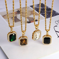 Nouveau collier Mlluki en acier inoxydable avec chaîne torsadée, pendentif carré en zircon rose et vert pour femme