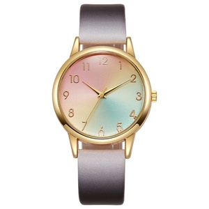 Rainbow Gradient Ladies Quartz Watch Gold <b>Case</b> Leather Strap - Product Image 4