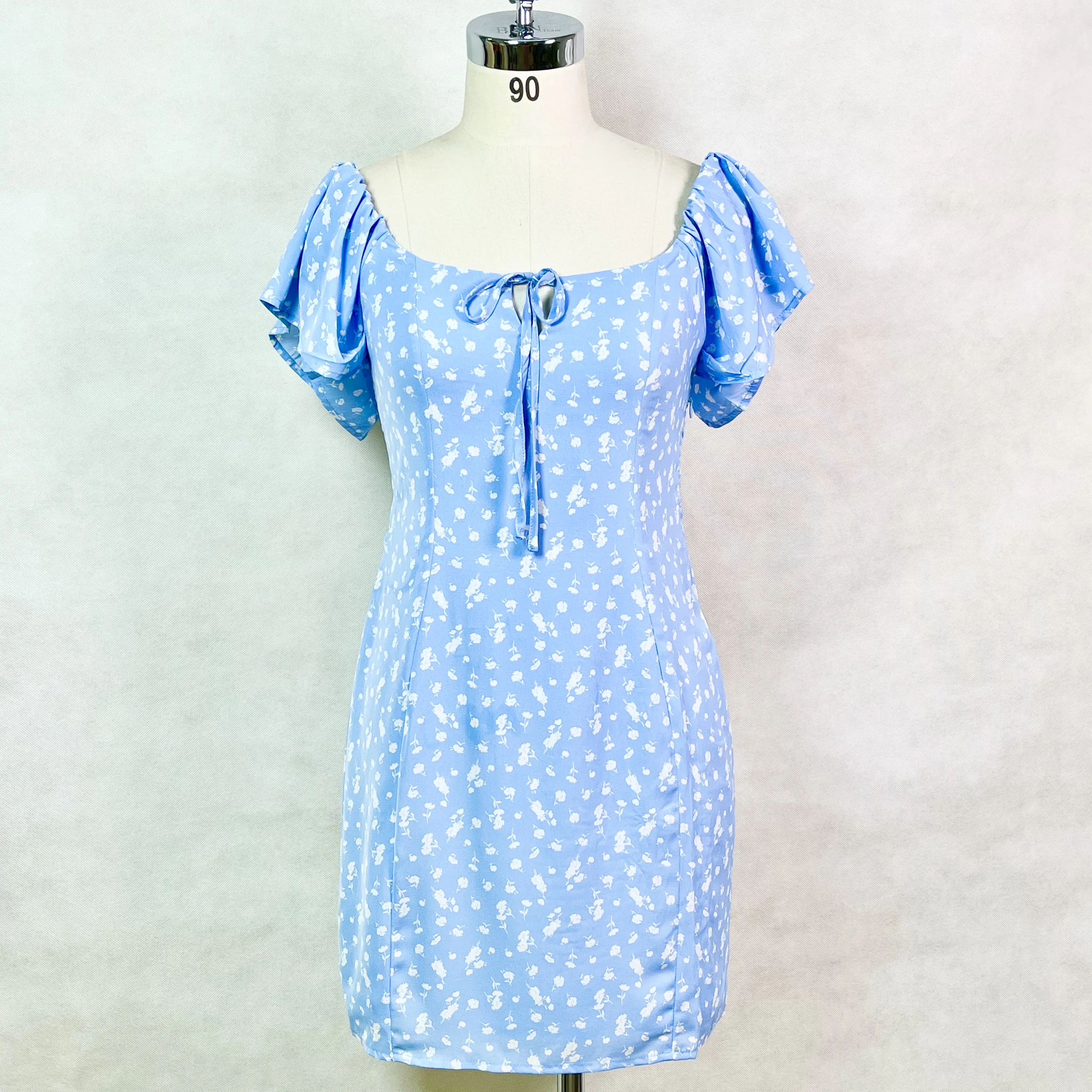 Low MOQ Stock Goods Ready to Ship Ruffled Short Sleeve Floral Print Chiffon Beach Dresses Casual Mini Party Dress