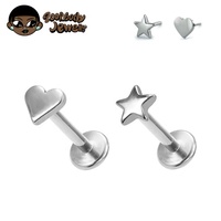 Hot New Wholesale Titanium Push Pin Sans Fil Coeur Étoile Dos Plat Lèvre Piercing Oreille Goujons