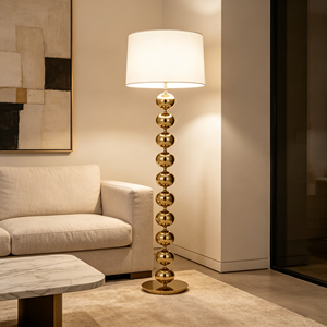 Lampe sur pied de luxe en or avec boules empilées, lampe sur pied en métal poli avec abat-jour en tissu pour la décoration de salon de villa - Product Image 4