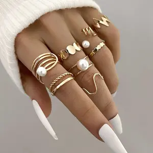 Fashion Pearl Geometric Rings Women's 8 Piece Set Hollow Gold and Silver Snake Adjustable Size Ring Set Accessories