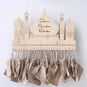 Nicro-Bolsa de artesanía musulmana de madera, decoración de Ramadán Eid Mubarak, cuenta atrás, notas de fecha, calendario de Adviento