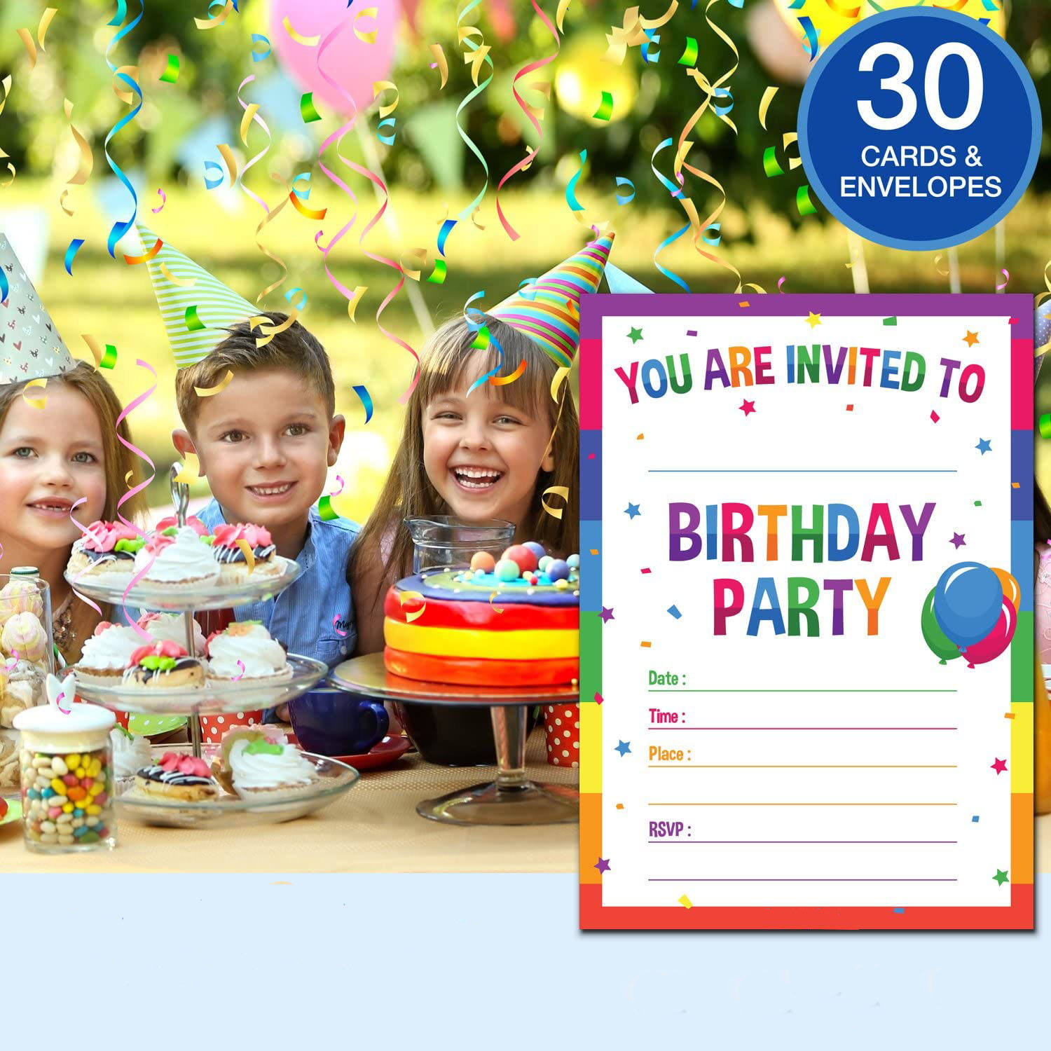 定制设计彩虹30生日邀请函带信封儿童生日派对男孩或女孩庆祝活动| Alibaba.com, image size:1500x1500