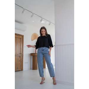 Chemise en tricot noire pour femmes, manches trois quarts, détail pompon, tenue décontractée pour tous les jours - Product Image 4