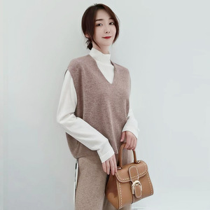 2024 automne et hiver Style coréen gilet 100% laine tricoté col en v <span class=keywords><strong>sans</strong></span> manches <span class=keywords><strong>pull</strong></span> gilet - Product Image 4