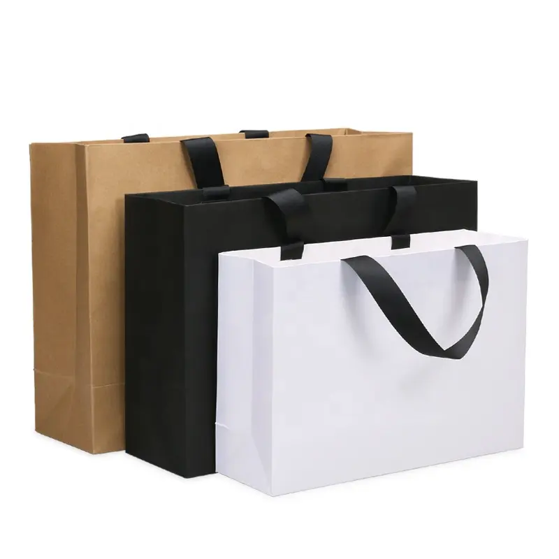 Bolsa de papel Kraft ecológico, bolsa de compras de lujo con logotipo, color marrón, blanco y negro, venta directa de fábrica