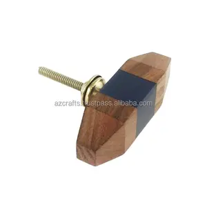 Wood Knob with Blue Square Detail Wooden & Resin Cabinet Knob Furniture Hardware Decorative