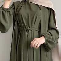 Ensemble Abaya Modeste 2 Pièces Style Turc, Robe Longue Ceinturée à Manches Longues avec Voile Assorti, Tenue pour Femmes Musulmanes