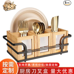 Wooden Cutlery <b>Box</b> With Slide Out Panel For Easy Cleaning Standing Type <b>Kitchen</b> <b>Storage</b> Organizer Rectangle Shape Wood Grain - Product Image 5