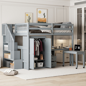 Full Size Loft Bed with Stairs Bookshelf Drawers <b>Desk</b> Wardrobe <b>Space</b> <b>Saving</b> Multifunctional Kids Teen Furniture - Product Image 1