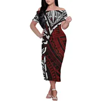 Vestido femenino largo de poliéster con hombros descubiertos, suéter personalizado de diseño Tribal, Samoan, informal