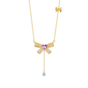 Collier Princesse Fugitive en Argent Sterling S925, Pendentif Cœur en Or avec Pierre de Cristal Naturelle Topaze et Nœud Pompon, pour Mariage - Product Image 6