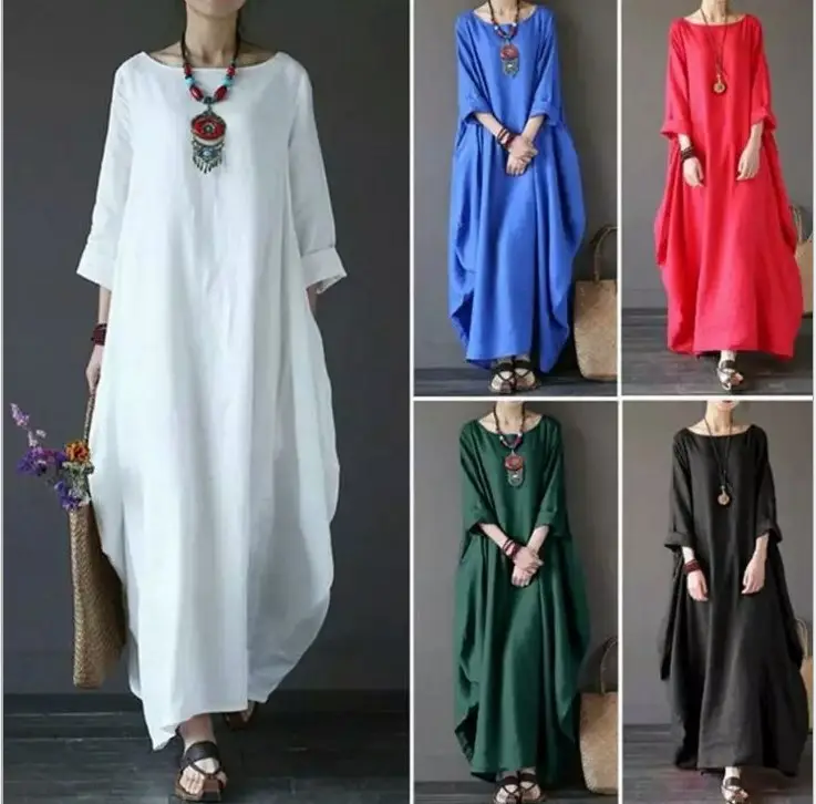 3XL 4XL 5XL Algodão Mulheres Maxi Vestido Tamanho grande do Outono do Verão de Linho Solto Manga Comprida Vestidos Oversize Branco azul vermelho vestidos Boho