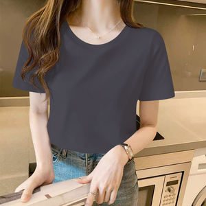 2025 Sommer Damen bekleidung Bequeme Baumwolle Rauchgrau <span class=keywords><strong>T</strong></span>-Shirt mit Rundhals ausschnitt Kurzarm Sommer Slim Shirts Einfarbiges Strick hemd - Product Image 1