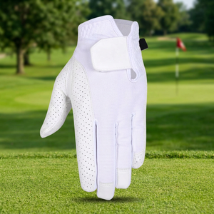 Gant de golf hybride SAAR INDUSTRIES blanc avec paume en microfibre perforée, doigts tactiles et large sangle en velcro - Product Image 1