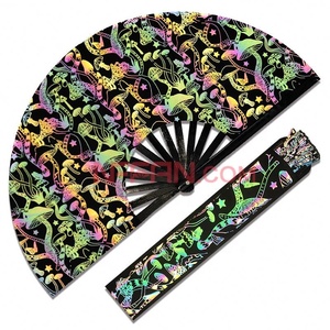 In Stock Iridescent Holographic Bamboo Folding <b>Hand</b> <b>Held</b> Clack <b>Fan</b> with <b>Fan</b> Bag for Rave Festivals Party Accessories - Product Image 1
