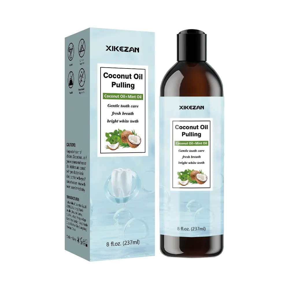 Óleo de coco orgânico OEM 8 FL.OZ para clareamento oral, óleo de coco com óleo de coco e óleo de hortelã, enxaguatório bucal com sabor de hortelã