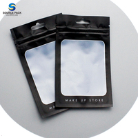 Sacs plats zip-lock noirs avec impression personnalisée et logo Outils de maquillage cosmétiques refermables Sachets d'emballage en mylar à fermeture éclair avec fenêtre