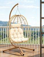 Fauteuil suspendu d'extérieur en rotin tressé avec support et coussins, siège balançoire œuf pour patio, jardin, bord de piscine, terrasse, balcon