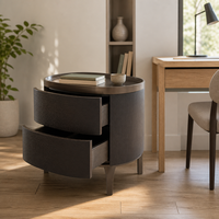 Table de chevet moderne de luxe écologique en placage de bois fumé fait main, 2 tiroirs, plateau elliptique métallique, ouverture par poussée, pour salle à manger