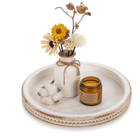 Plateau décoratif rond en bois blanc à perles lavées de style campagnard Plateau à café décoratif pour table