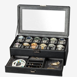 Boîte de rangement de montre en cuir PU de luxe avec tiroir et serrure Montre de grande taille à grand volume et vitrine de bijoux à deux couches - Product Image 1