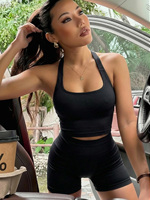 Ensemble de yoga 2 pièces pour femme, écologique, respirant, séchage rapide, avec bretelles convertibles, décolleté en V, dos nu, short et taille élastique, couleur unie