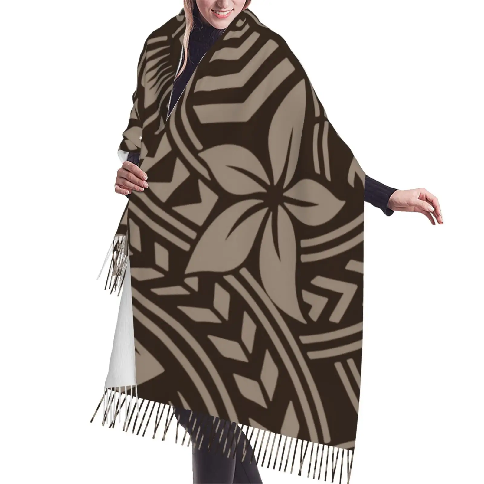 OEMカスタム秋冬厚みのあるカシミアスカーフプルメリアフラワープリントポリネシア部族女性ロングカシミヤスカーフショール
