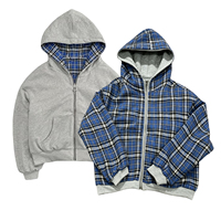 Hoodie Pria Oversize Custom Retro Kotak-kotak Tebal Dua Sisi Bolak-Balik French Terry Resleting Bahu Jatuh
