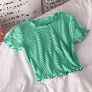 Atasan Crop pendek rajut seksi wanita, atasan Crop pendek ramping kasual murah warna polos musim panas untuk perempuan - Product Image 6