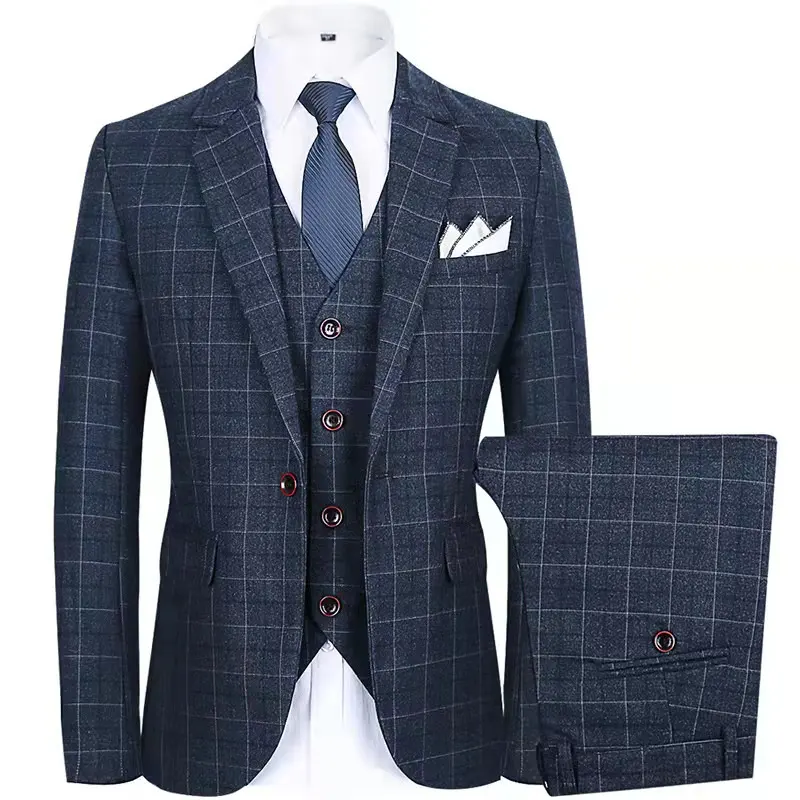 ST002 Custom Plaid Suits 3 Pieces Blazer Vest Pants Set Single Breasted Formal Wedding Business Men's Suits